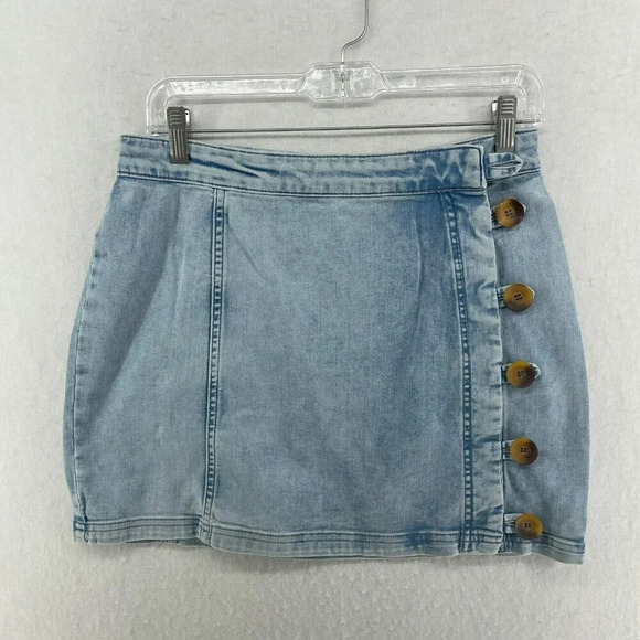 Free People Denim Skirt Women's 8 Blue Light Wash Button Front High-Rise Stretch - Picture 1 of 8